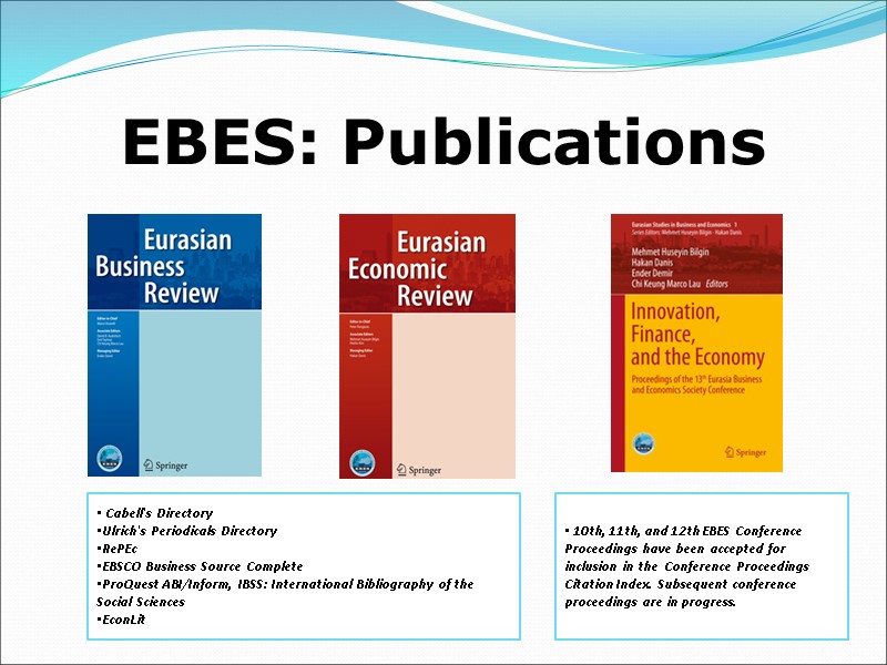 EBES: Publications  Cabell's Directory Ulrich's Periodicals Directory RePEc EBSCO Business Source Complete ProQuest
